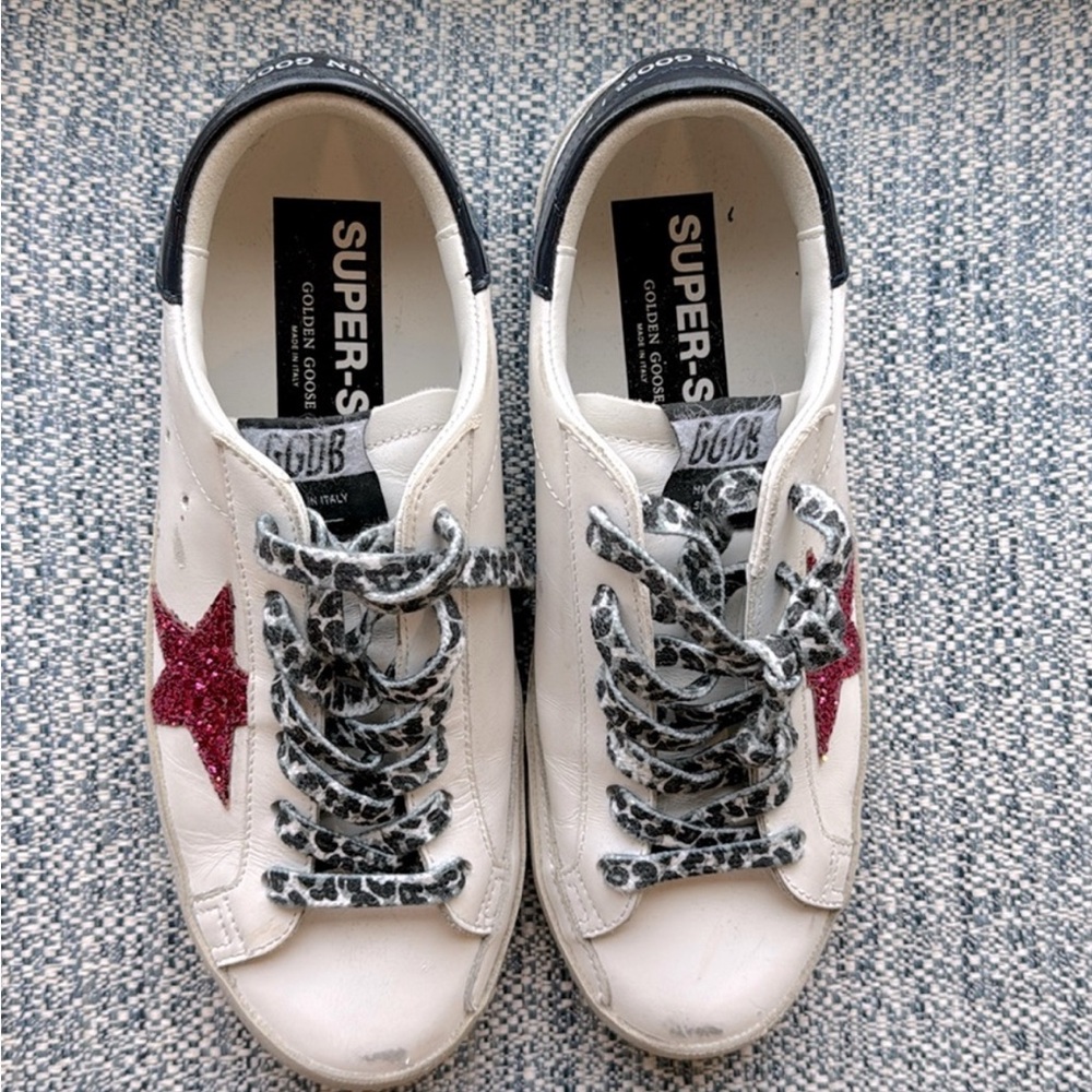 Golden Goose Cream and Black Sneakers with Leopard Laces